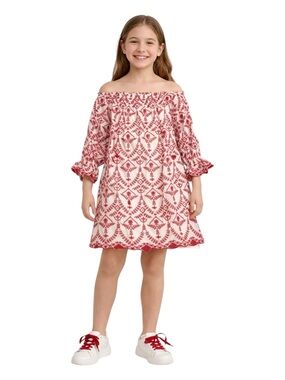 🐚 JW Style Red Eyelet Off Shoulder Dress Girls Medium Boho Cotton